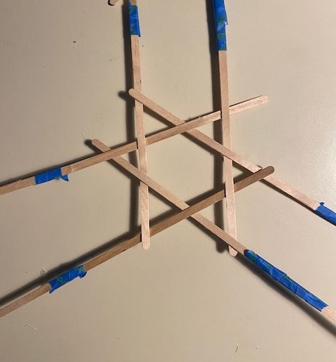 3 pairs of parralel sticks, woven together as a hexagon